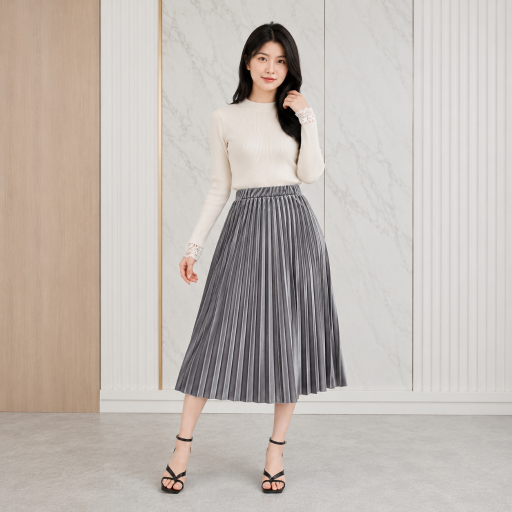Rok Midi Plisket Velvet 7/8 Garansi Realpict Rok Beludru Termurah