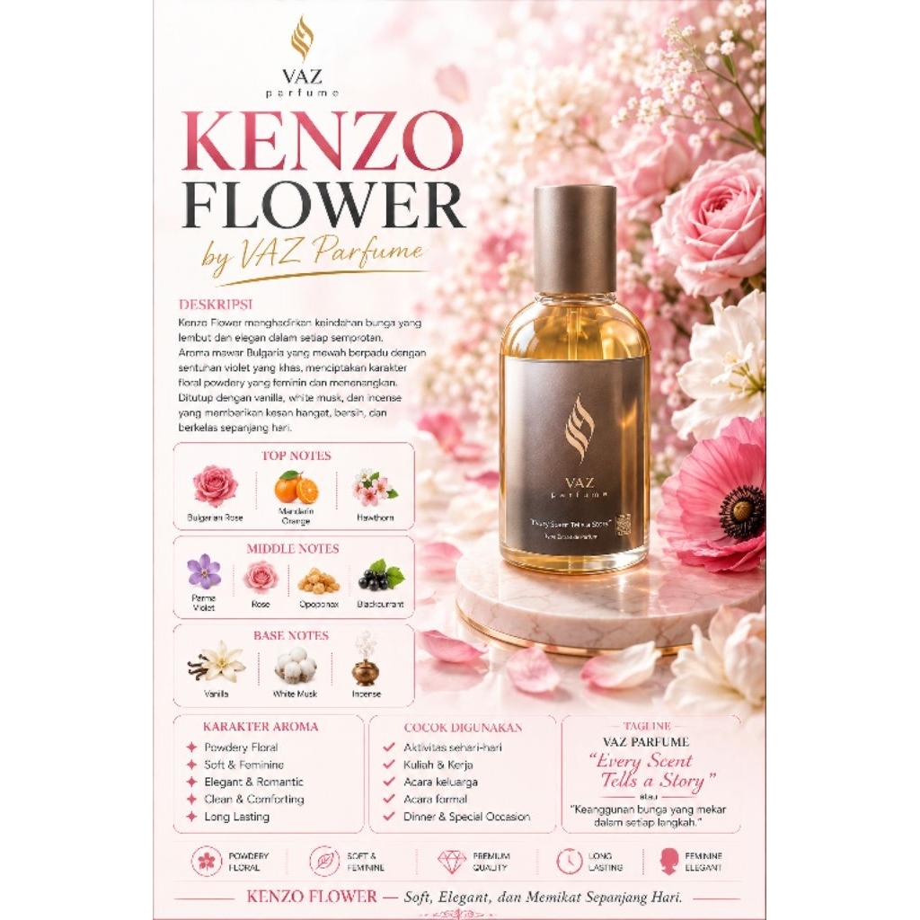 PARFUME KENZO FLOWER 30ML BY VAZ PARFUME | Parfum Wanita Viral Tahan Lama | Bibit Impor Premium | Ar