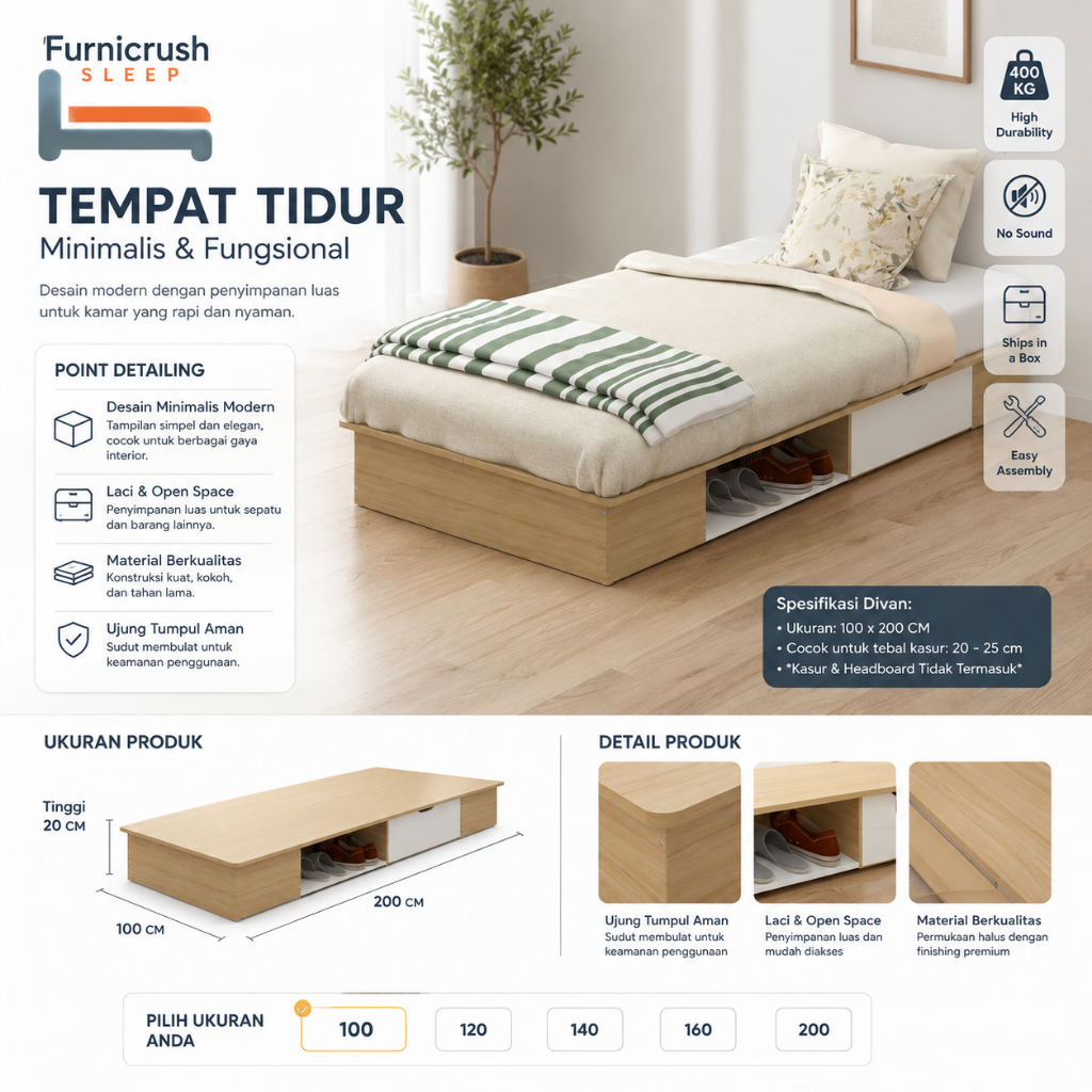 Furnicrush Sleep Dipan Kasur 100 X 200 / Ranjang Tempat Tidur / Divan 100 / Dipan Laci / Divan Singl
