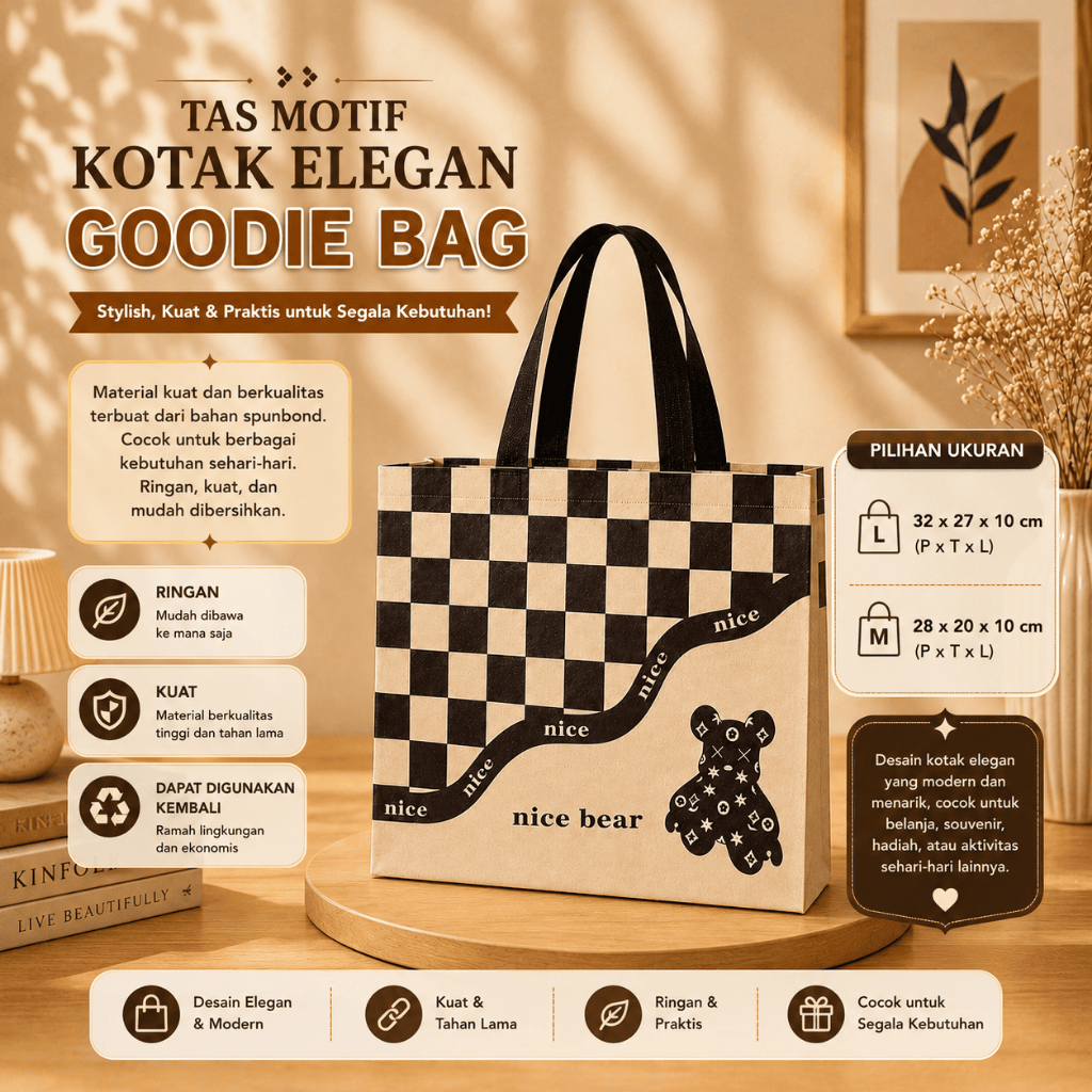 Tote Bag Spunbond Motif Beruang Catur Aesthetic Bagus Bag Jakarta Tas Wanita Korean Style Kuliah Ker