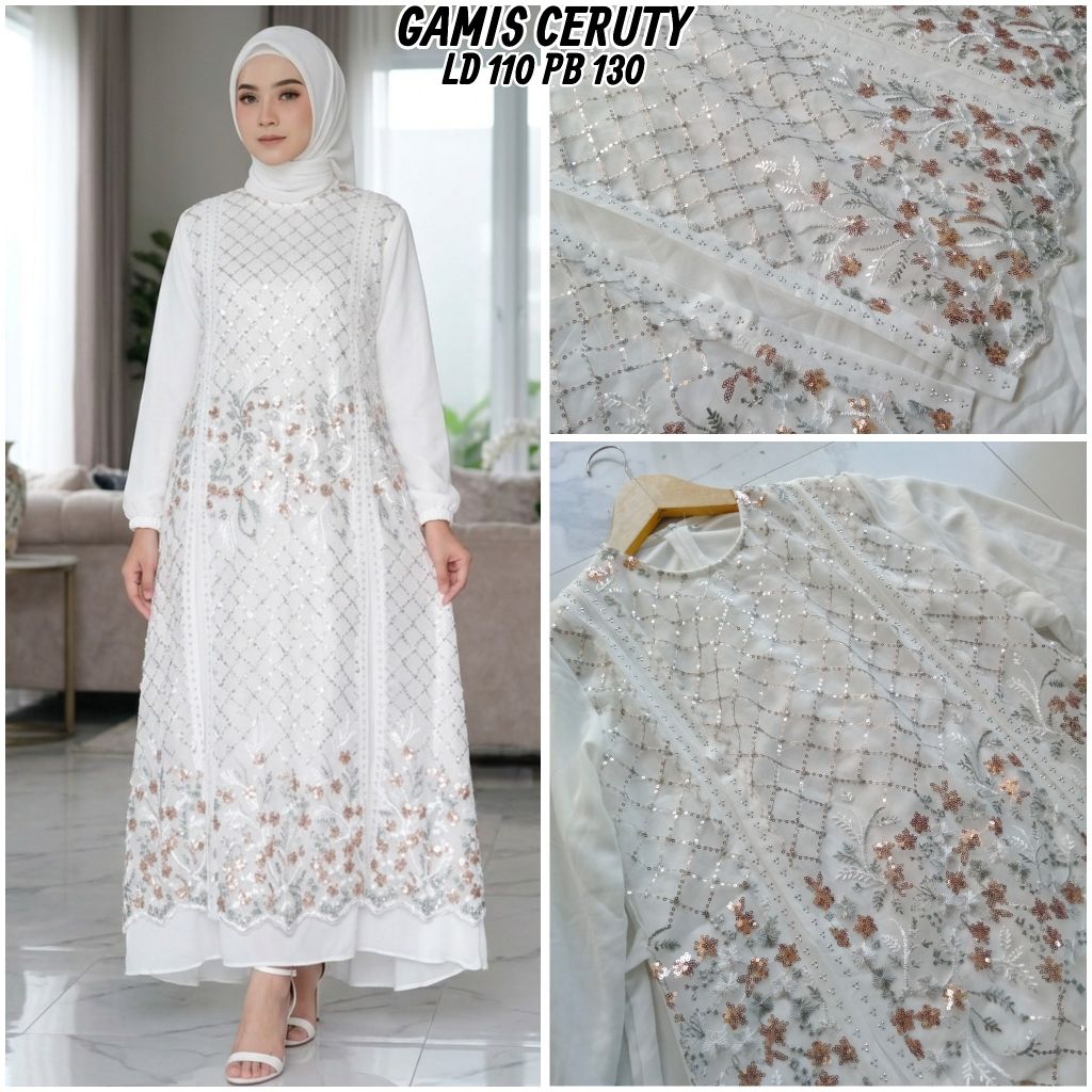GAMIS CERUTY BABYDOLL MOTIF BUNGA II GAMIS CERUTY DENGAN BROKAT MOTIF BUNGA PUTIH // GAMIS PUTIH
