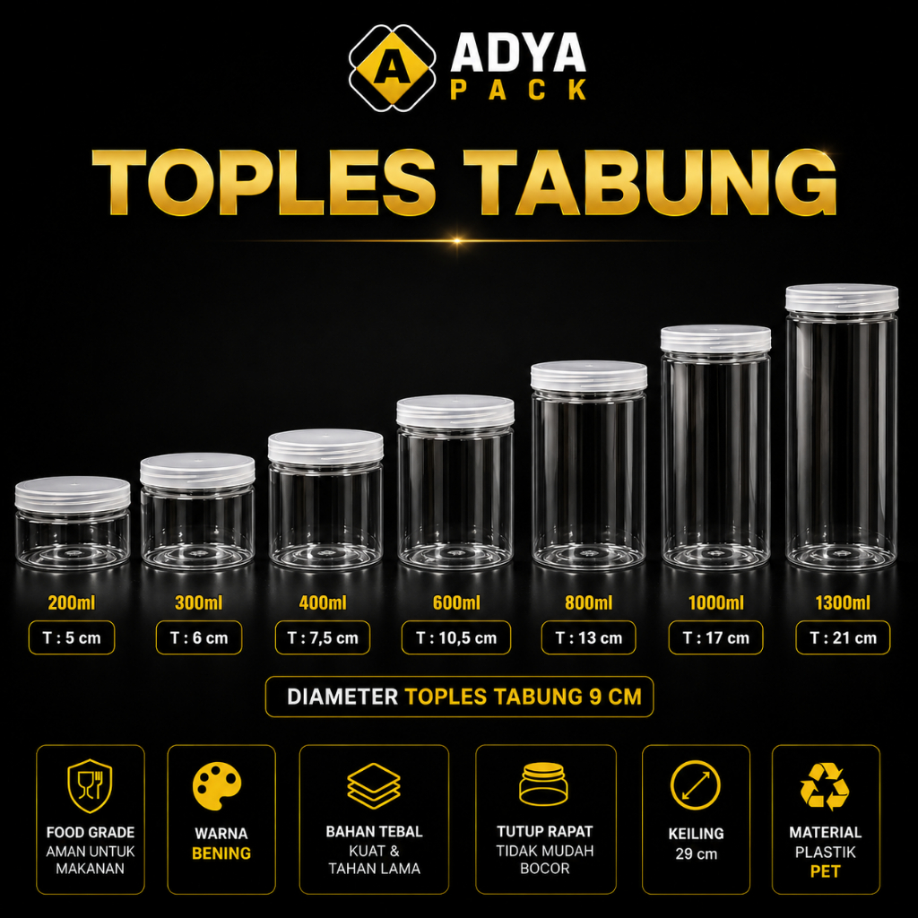 Toples Tabung Silinder 200ml 300ml 400ml 600ml 800ml 1000ml - Jar Plastik Mamitoko Fox Ulir