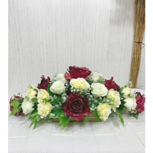 Bunga Meja Oval Rose Lipat Sedang Mix Rose Gliter Vas Rotan