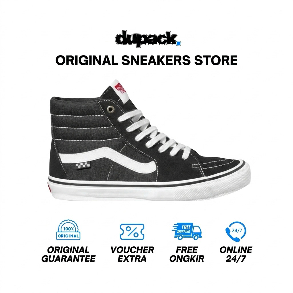 SNEAKERS SK8 HIGH PRO SAKTE BLACK WHITE BNIB GARANSI 100% ORIGINAL