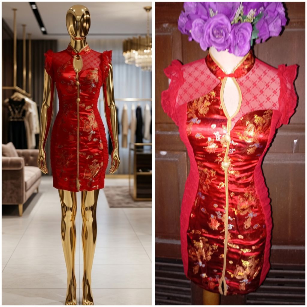 red silk embroidery sexy cheongsam
