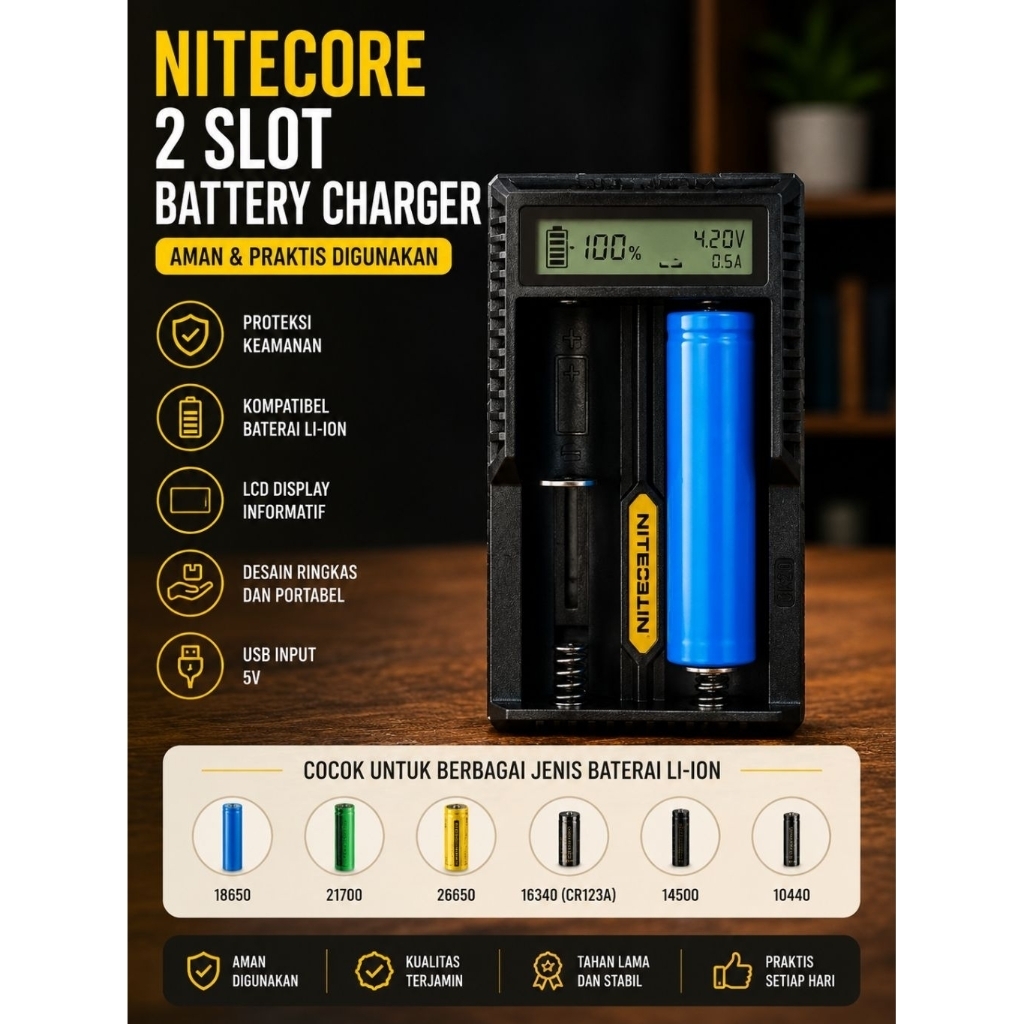 Nitecore Charger Baterai 18650 2 Slot Smart Charger Li-ion Rechargeable PRELOVED
