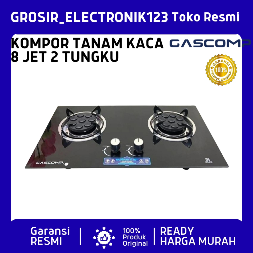 GASCOMP Kompor Tanam Kaca 8 JET Kompor Gas 2 Tungku 8 JET Spesial Kompor Tanam Burner Lebih Hemat Ga