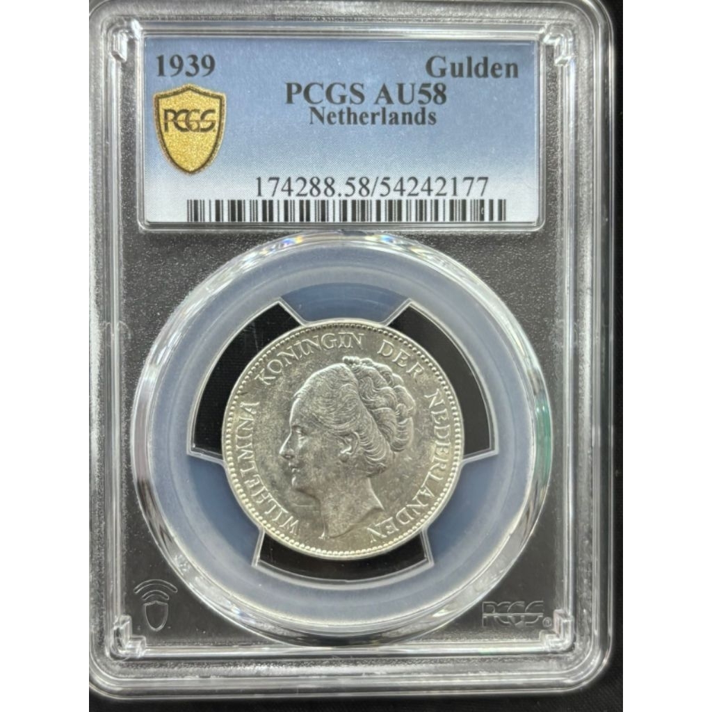 Koin Perak Kuno 1 Gulden 1939 Wilhelmina || Original PCGS AU58 (Garansi Asli)