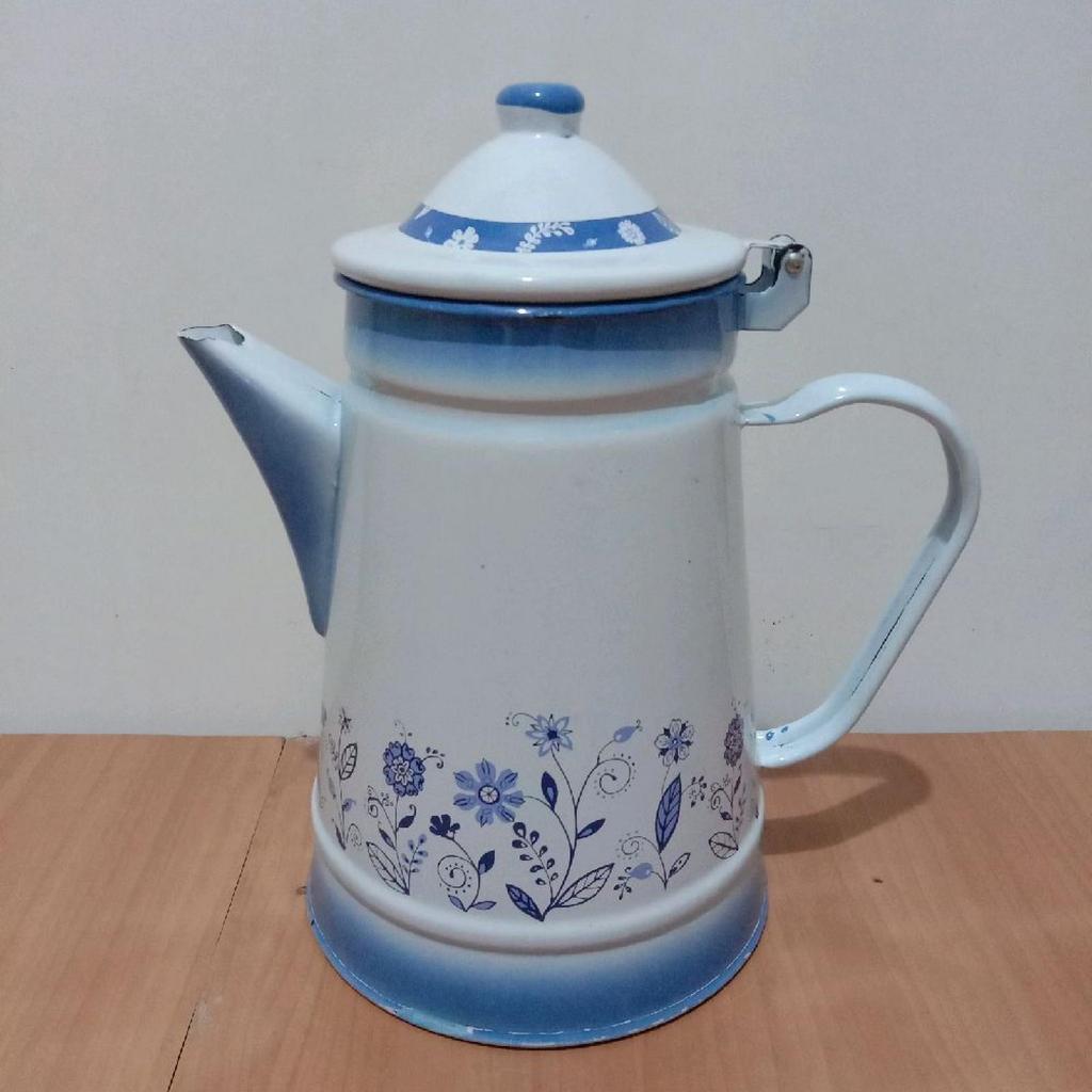 Teko Jadul 15cm/2,7L Enamel Tebal Blue Royal Heritage / Motif Bunga Cantik / Milk Jar