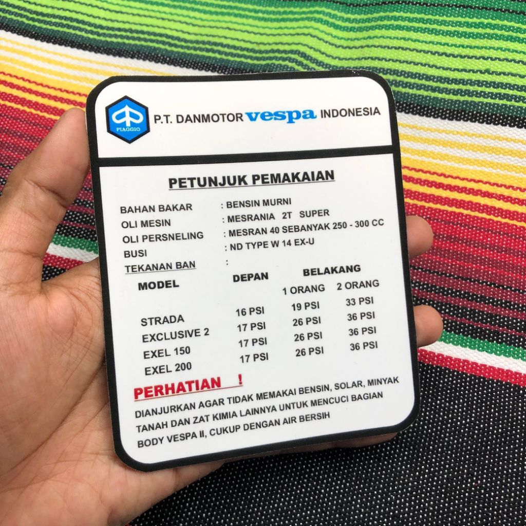 Sticker PT.Danmotor Vespa Indonesia Petunjuk Pemakaian