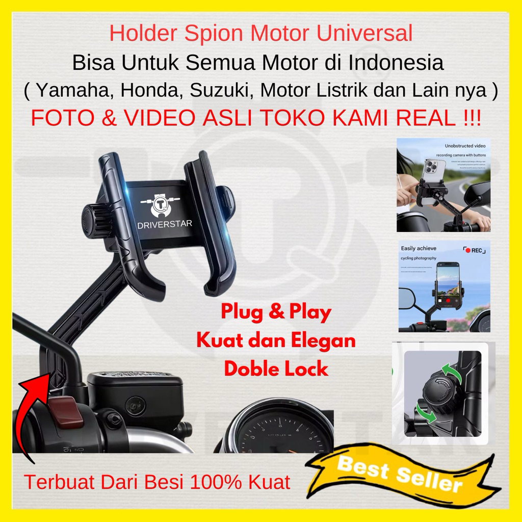 DRIVERSTAR Holder Spion Motor Doble Lock Anti Jambret Universal Semua Motor