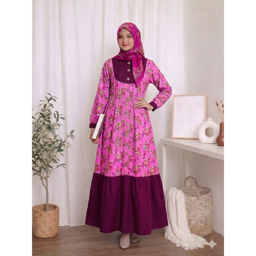 Gamis Wanita Katun Polos Kombinasi Motif Busui Friendly Resleting Depan Ada Saku LD100 PB130