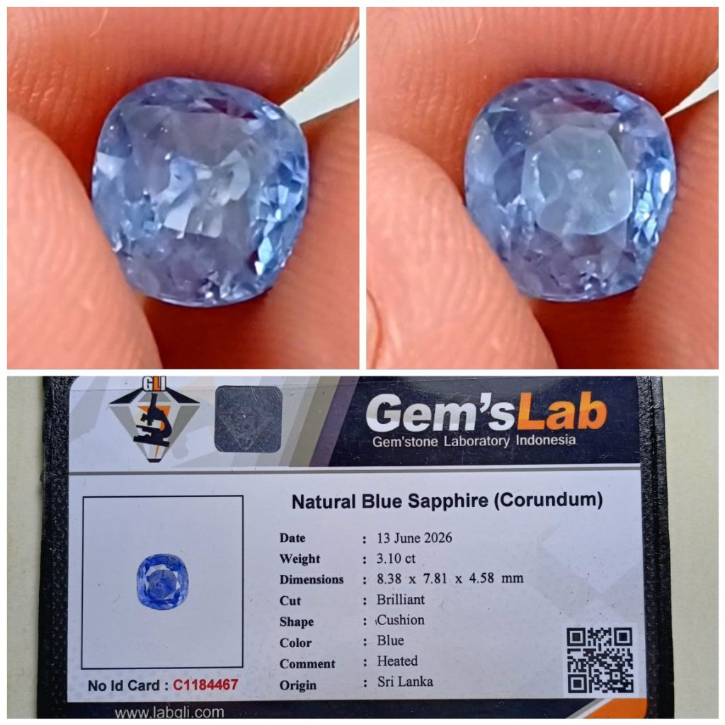 Blue sapphire Srilanka 3,1 carat memo GLI