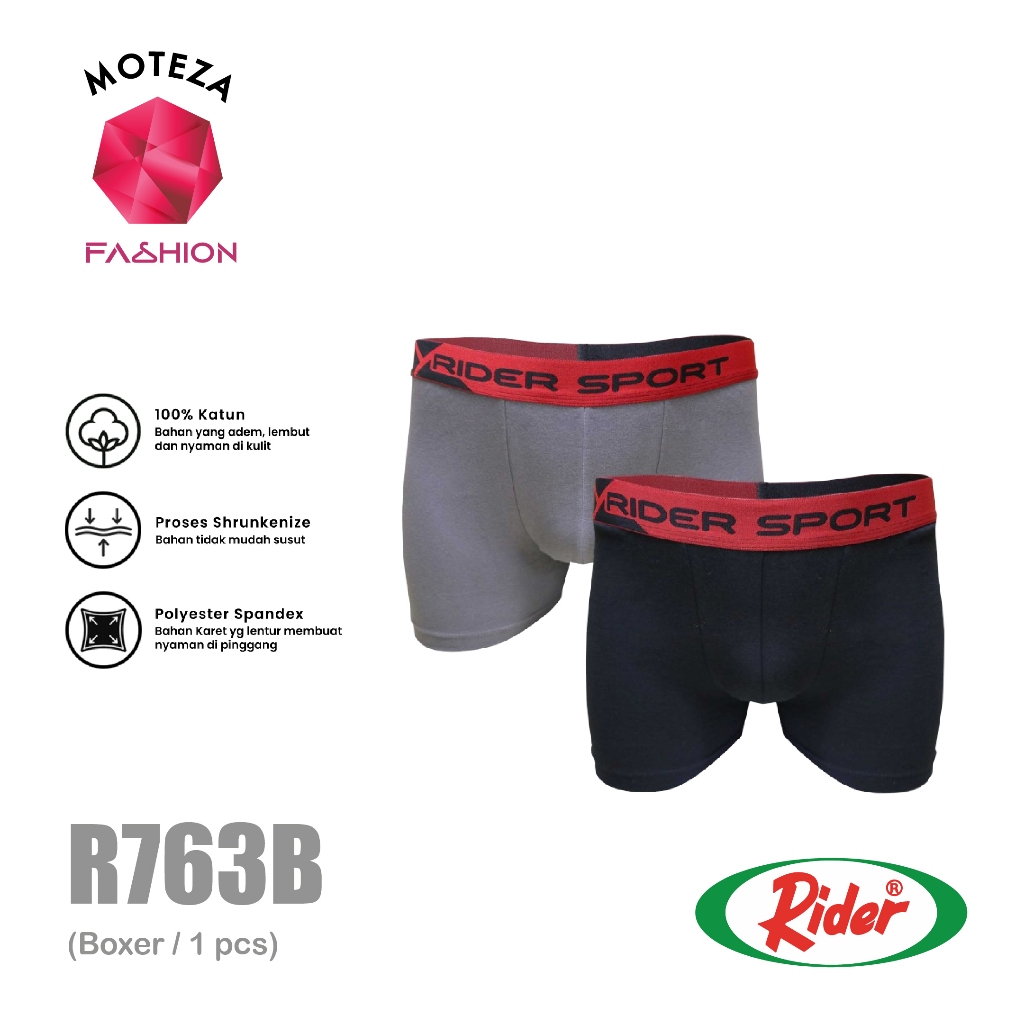 RIDER Sport R 763 R763B - Celana Dalam Pria Boxer - Hitam / Abu Polos