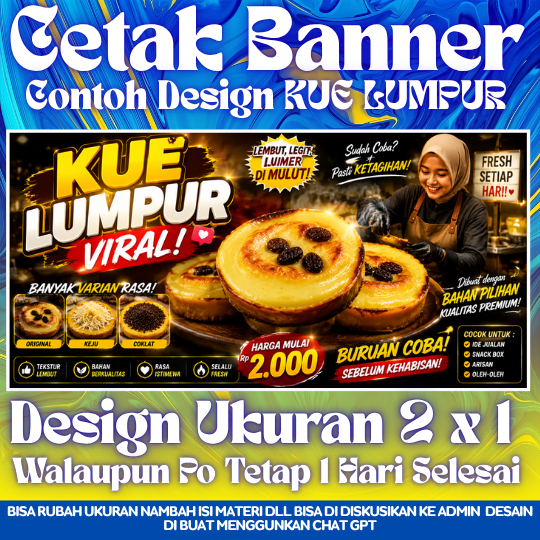 Cetak Spanduk Desain Tema Kue Lumpur Viral, Nagasari Modern, Cenil Warna-Warni, Getuk Rainbow Murah 