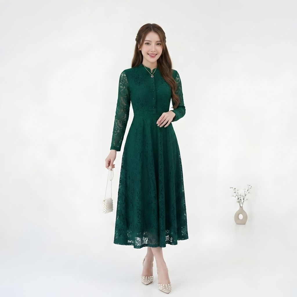 Dress Victoria Brukat Malika Midi Dress Panjang Wanita Brokat Pesta Simple Gaun Kondangan Busui Mm M