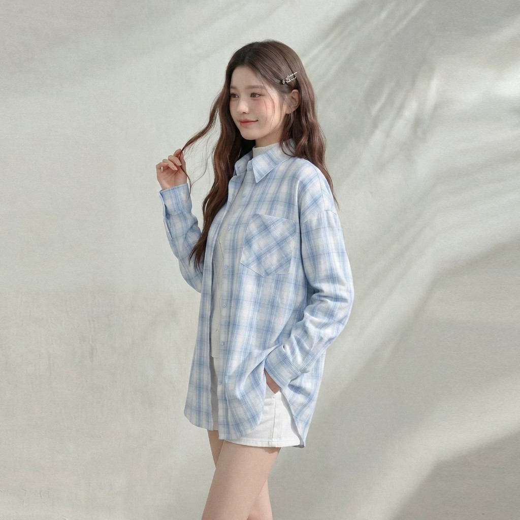 promo terbaru 7th color / kemeja kotak biru wanita katun linen longgar casual outer wanita korean
