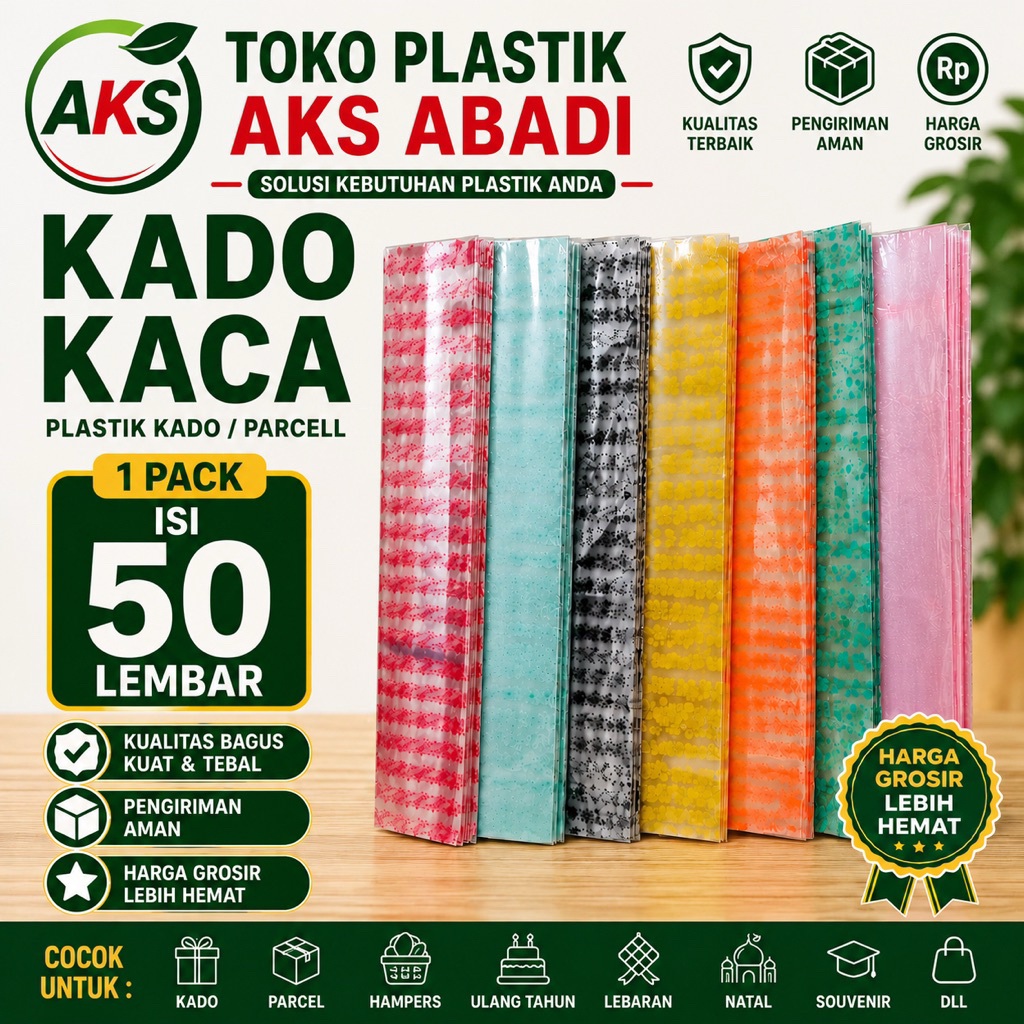 Plastik Kado Kaca Bening MOTIF ukuran 70x80 cm isi 50 pcs / Kertas Kado Kaca/plastik parcel/kado lam