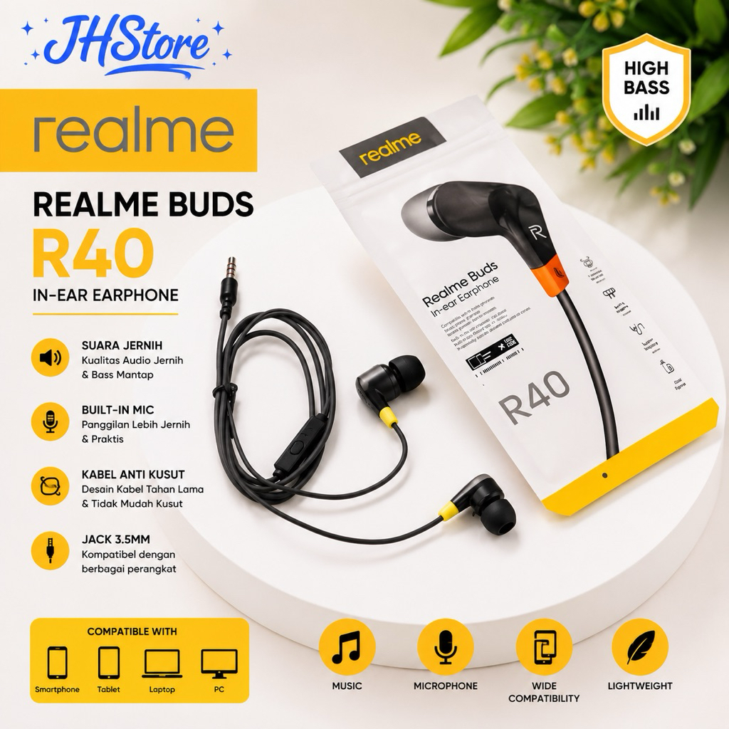 Earphone - Handsfree - Headset REALME Buds R20 / R30 / R40 Stereo Music Universal with Mic HF Jack 3