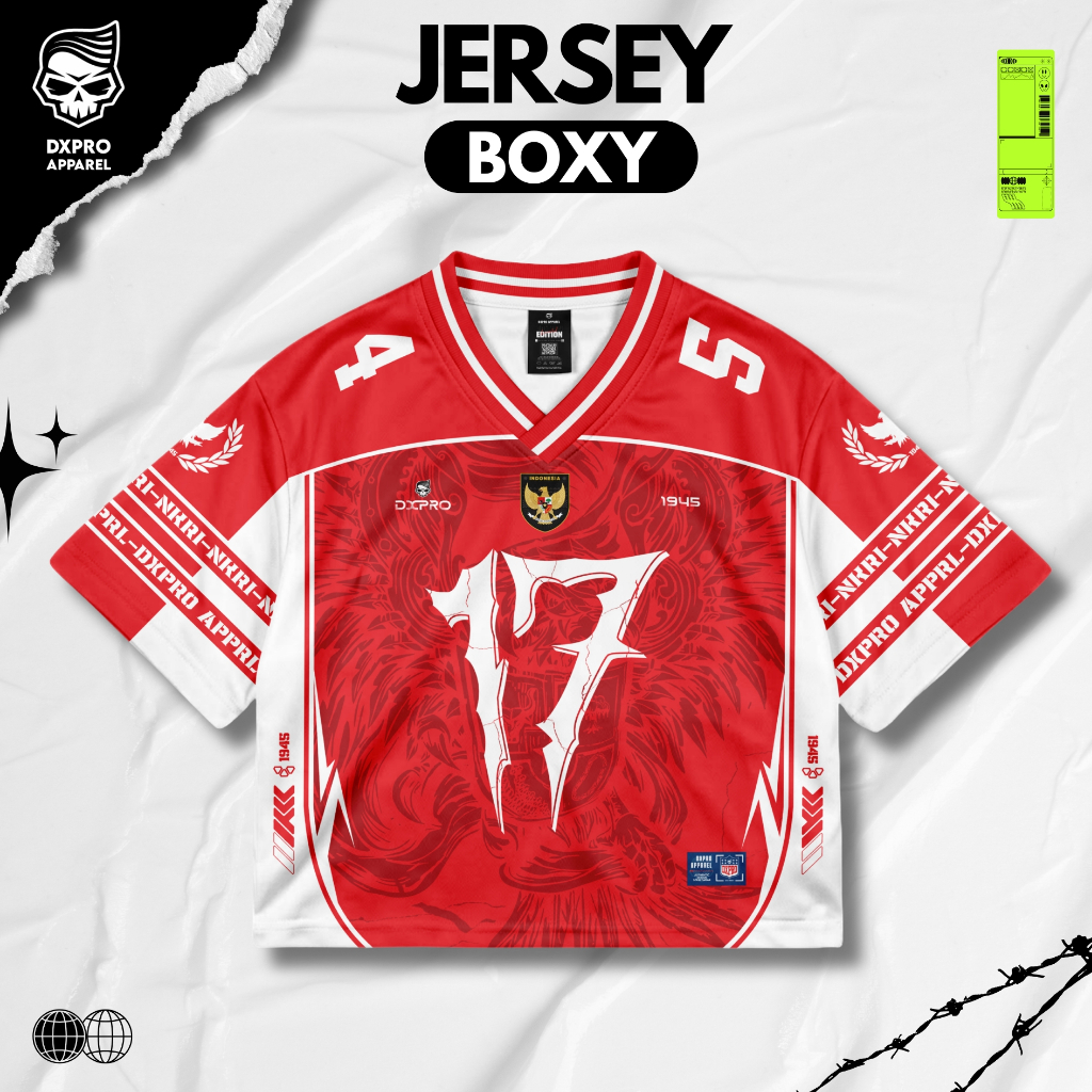 JERSEY BOXY V-NECK DXPRO 45 V8 RED KEMERDEKAAN INDONESIA-Bahan Dry-Fit UV Premium Unisex Fullprinitn