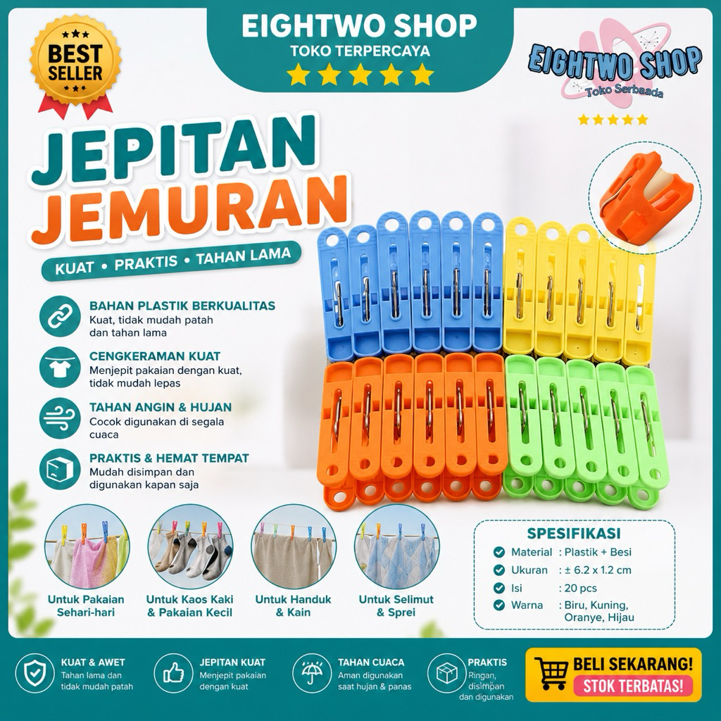 Jepitan Jemuran Baju (isi 20pcs) / Holder Plastik Warna Jepit Jemur Cucian Rumah Tangga Laundry Loun
