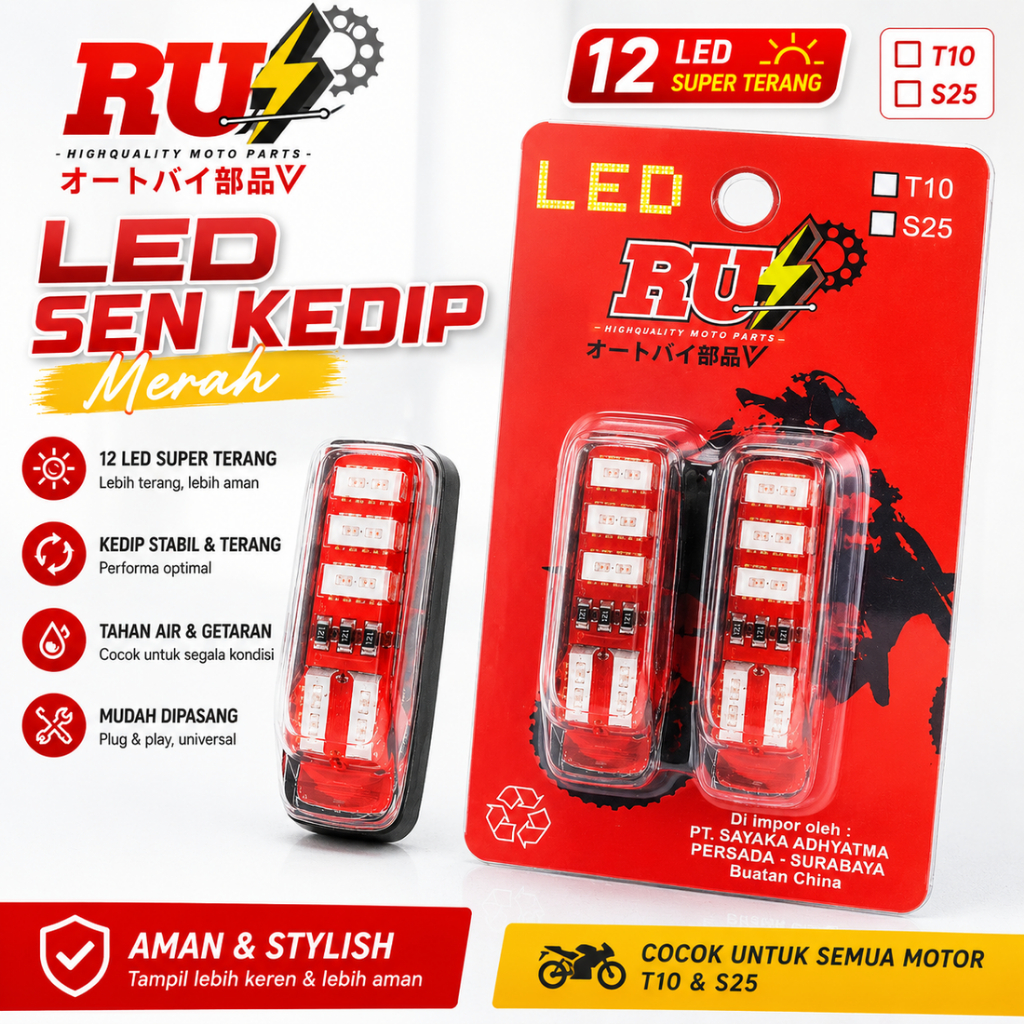 Lampu Sen LED Merah RUI T10 S25 Lampu Sein Kedip Motor Universal Super Terang