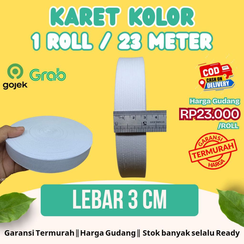 1 Rol Karet Elastis Putih lebar 3cm panjang 23meter - Tidak Mudah Melar, Kuat, dan Elastis
