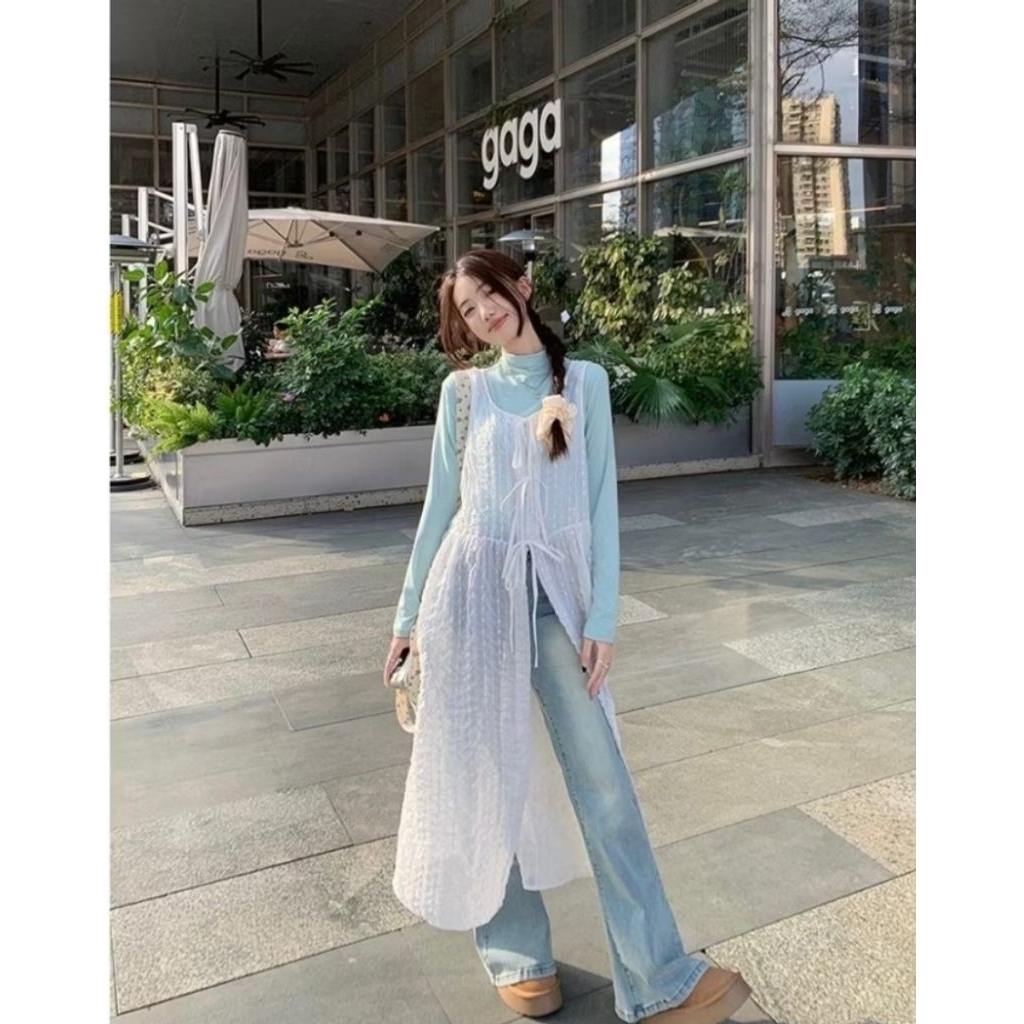 Dress Korean Style, Dress Longgar wanita Dress Pantrai Putih