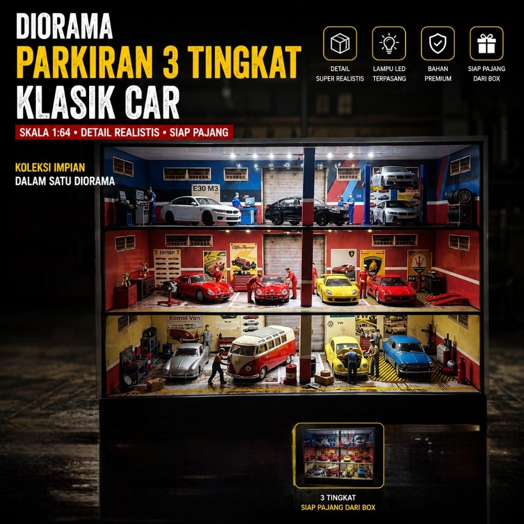 Bengkel classic Diorama parkiran hot wheels diecast skala 64 Garasi basement