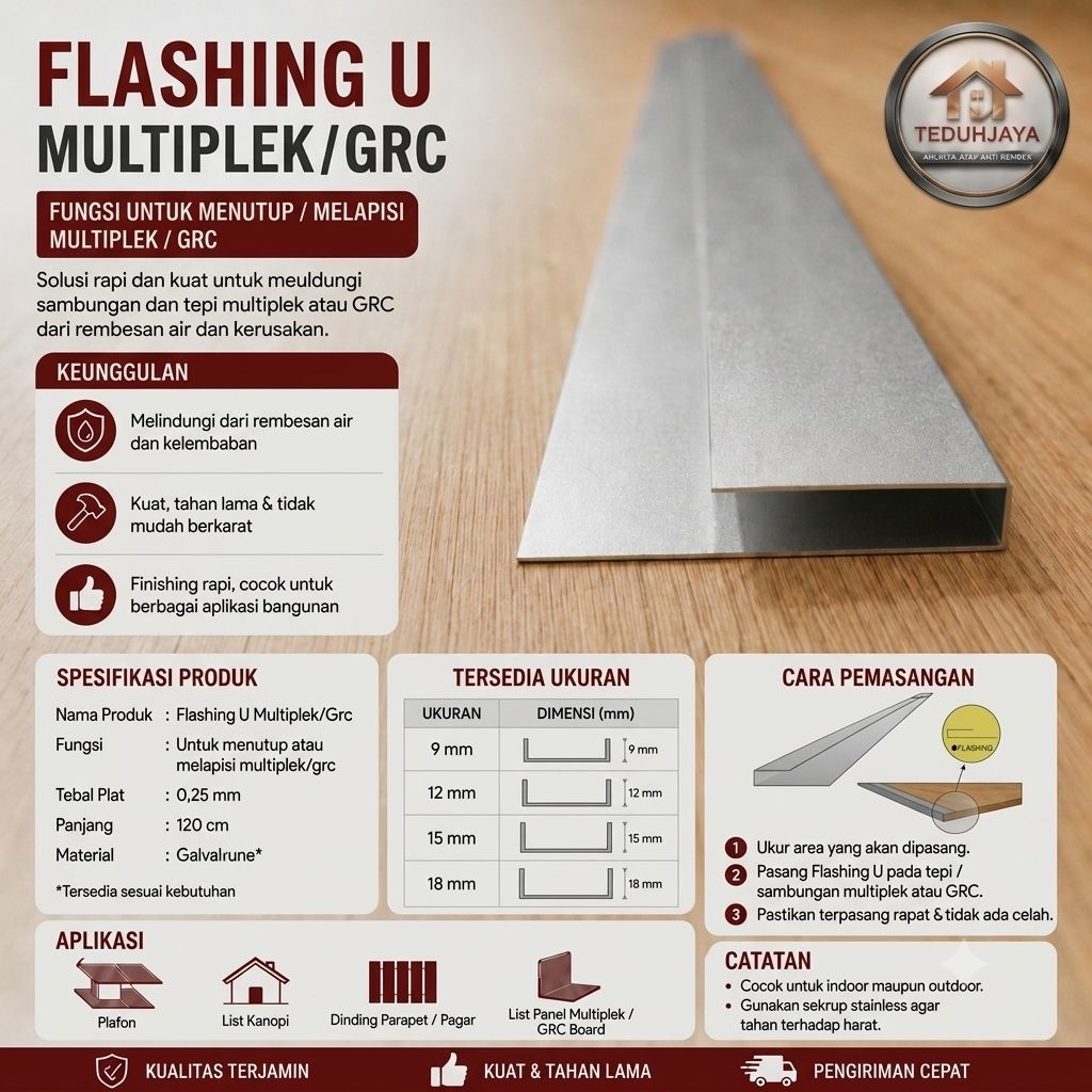 Flashing U multiplek&grc , 9mm, 12mm, 15mm dan 18mm.