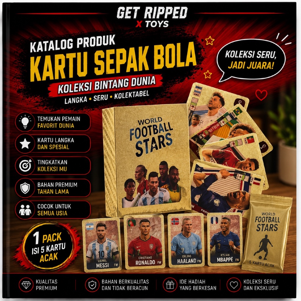 GET TOYS- Kartu sepak bola bintang 54pcs GOLD kartu penggemar pemain sepak bola kartu koleksi MESSI/