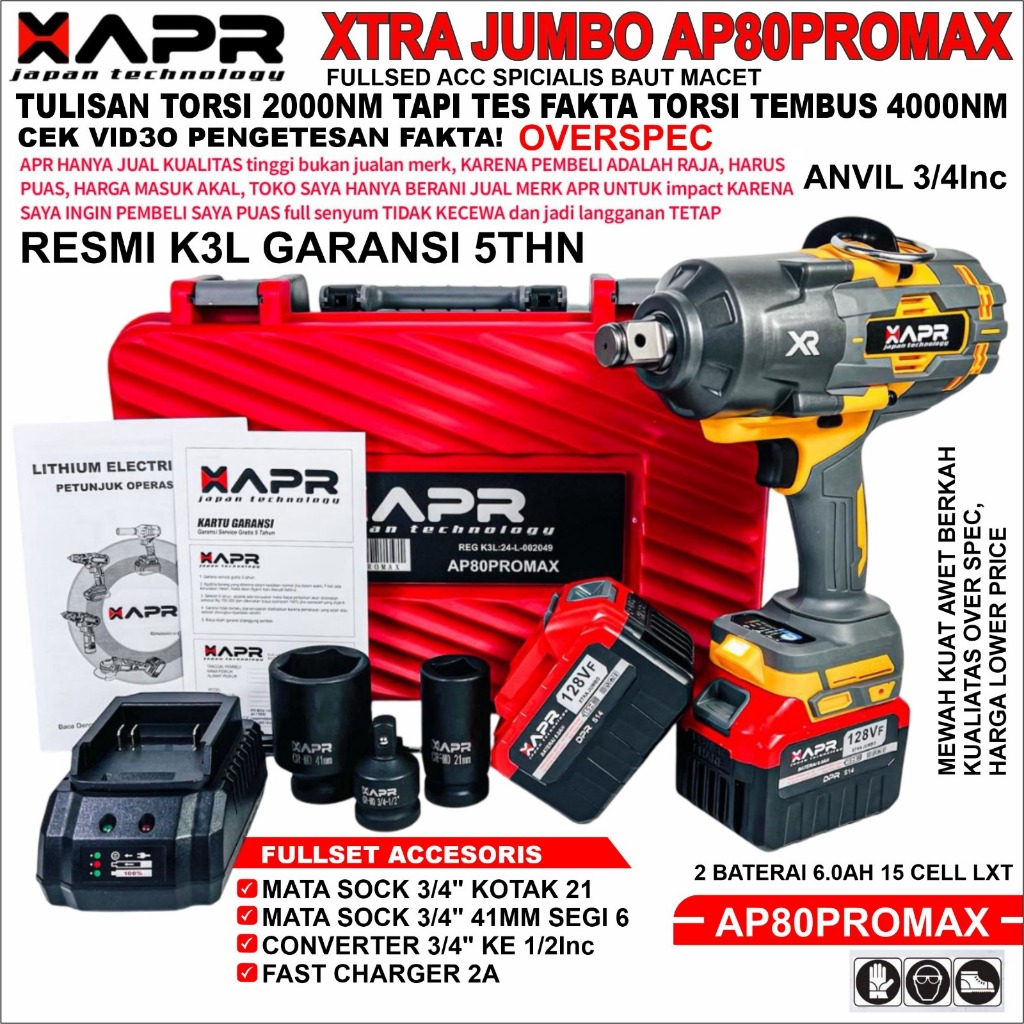 AP80PROMAX Cordless Impact Wrench 128VF 2000NM Bor Impact 2 Baterai Impek Baterai APR Wrench Recharg