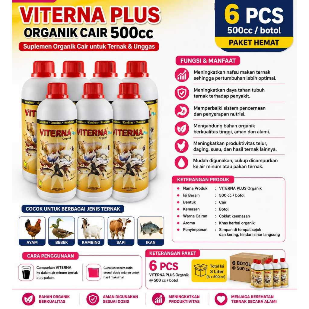 Vitamin Ternak 6PCS Organik VITERNA NASA 500ml untuk Sapi, Ayam, Ikan,Kambing,babi