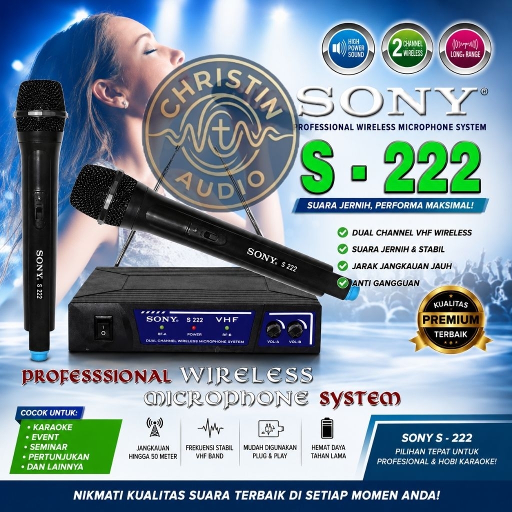 2 Mic Wierless Premium Quality Sony S222 / S-222 Profesional Wireless UHF Microphone