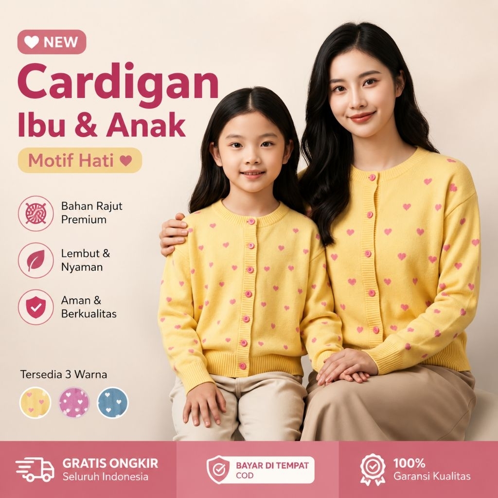 Heart Knit Cardigan Mom & Kids Collection Rajut Premium Anak 1-10 Tahun Dewasa LD 120 cm Motif Hati 