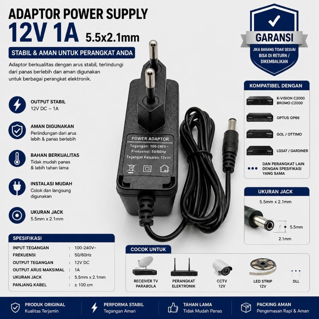 Adaptor 12V 1A Ukuran 5.5x2.1mm – Solusi Receiver Mati Total Cocok K Vision, Gardiner, Optus