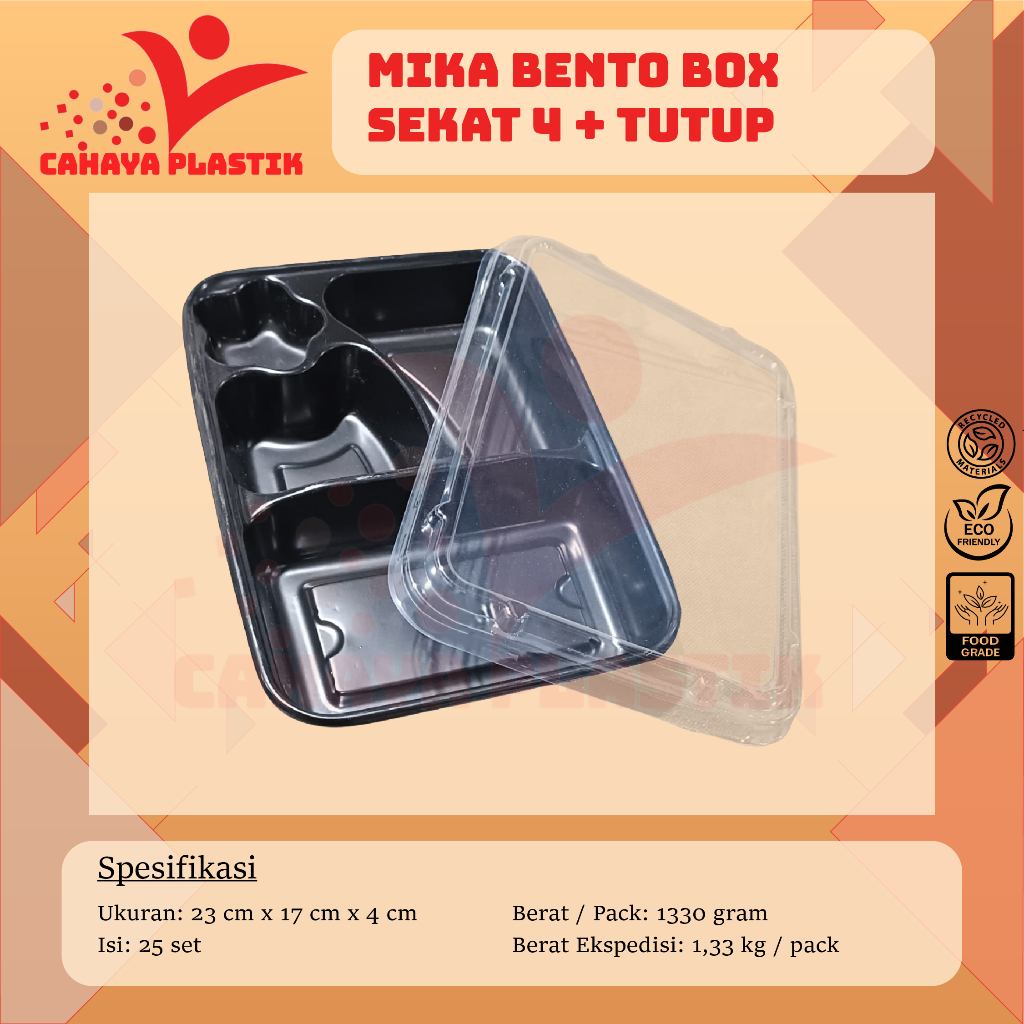Eceran Mika Bento Sekat 4 + Tutup - Mika Bento Hitam Box Sekat 4 - Tray Bento Mika Lunch Kotak Cater
