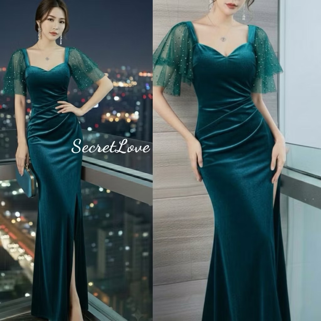 Gaun Bludru Velvet dengan Tile Mutiara - Panjang 130 cm