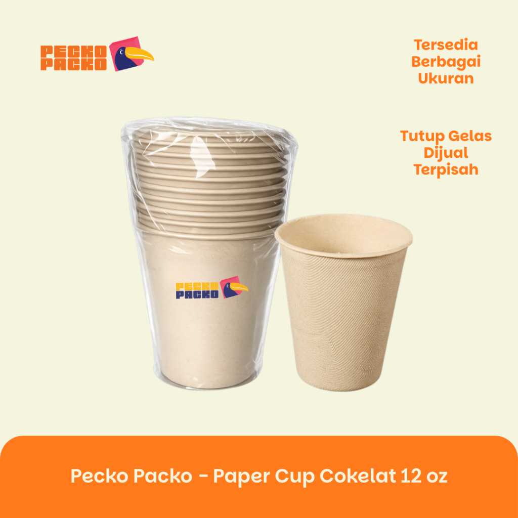 Pecko Packo - Paper Cup Cokelat 12 oz - Gelas Bagasse Eco Friendly Tebal Sekali Pakai