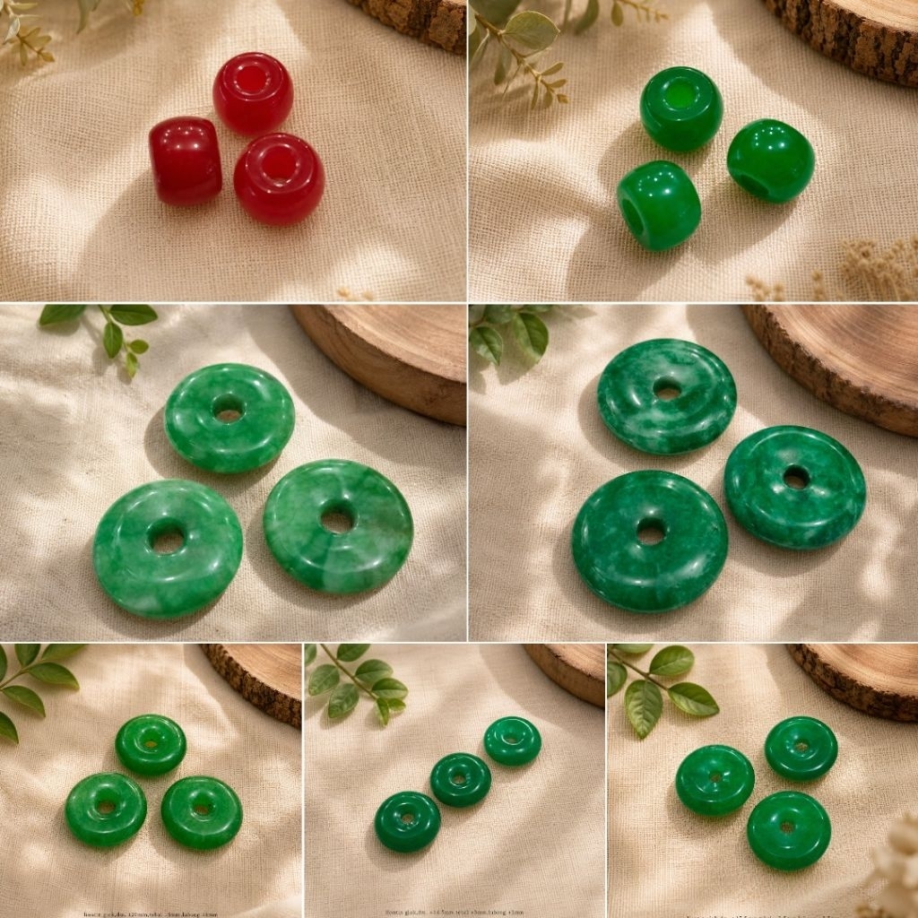 Liontin Batu Giok Hijau Merah Green Red Jade China Donat Koin Tabung