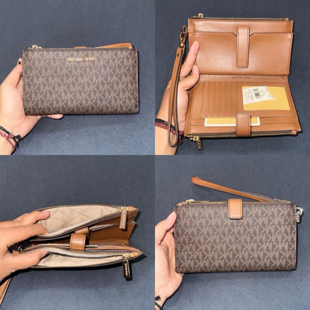 Dompet wanita Mk jet set travel brown double zip