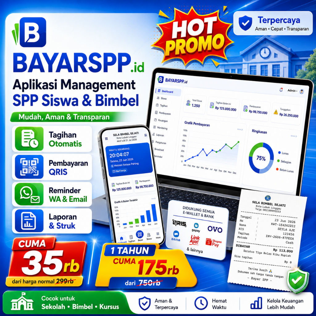 Software Administrasi SPP Sekolah & Bimbel Online Otomatis reminder + Kasir + Laporan Keuangan