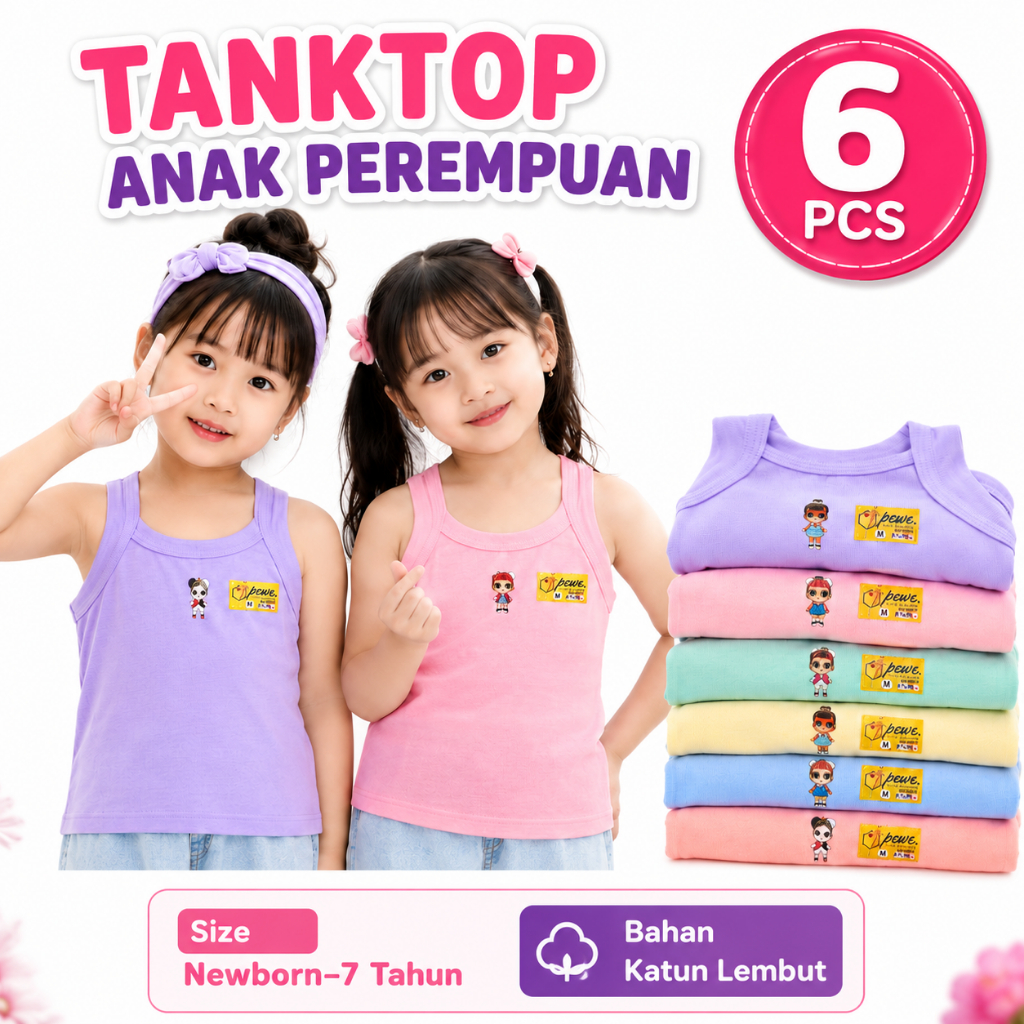 Tanktop Anak Perempuan 6 PCS Katun Lembut | Singlet Anak Perempuan Newborn-7 Tahun | Kaos Dalam Anak