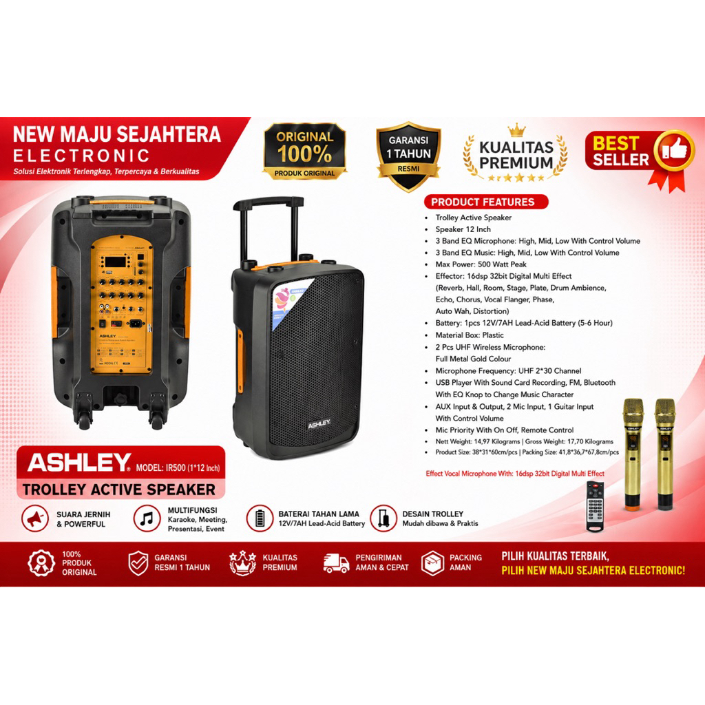SPEAKER PORTBLE 12 INCH ASHLEY IR500 / IR 500 / IR-500 GARANSI RESMI 1 TAHUN