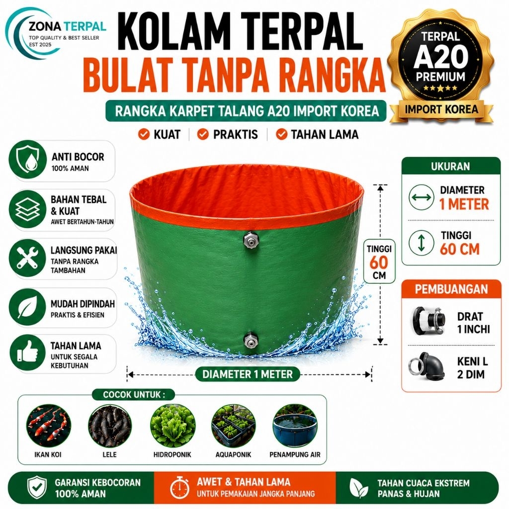 Kolam Terpal Bulat Tanpa Rangka A20 Premium Import Korea Diameter 1m Tinggi 60cm Kolam Lele Nila Gur