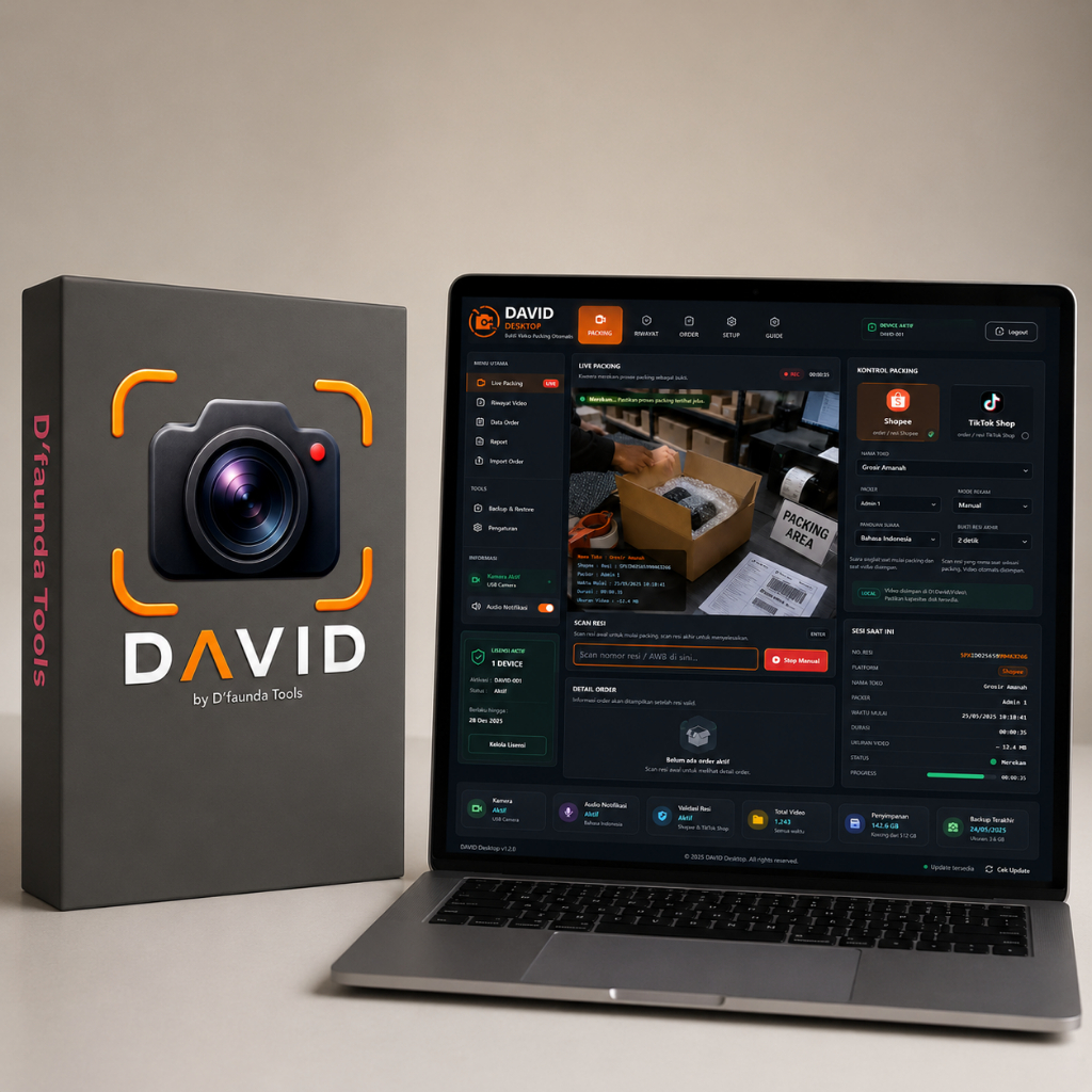 DAVID Desktop – Aplikasi Rekam Bukti Packing Otomatis per Resi untuk Seller Shopee & TikTok Shop