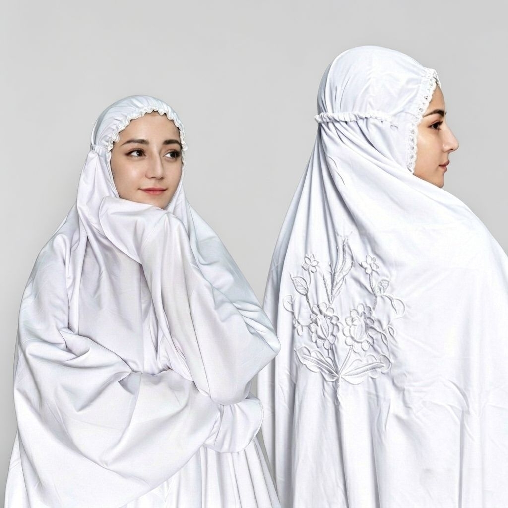 Mukena Terusan Bordir Bunga Ceplok Punggung, Pita Korea, Tenun Etnik Komputer Bahan Katun Mikro