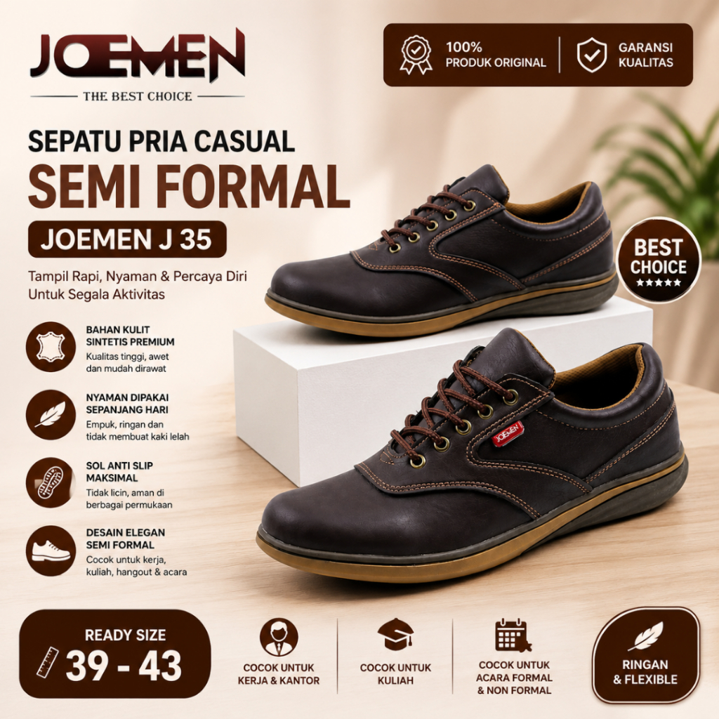 [JOEMEN] Sepatu Pria Casual Kulit Sintetis Cokelat JOEMEN J 35 – Kerja, Kuliah & Semi Formal