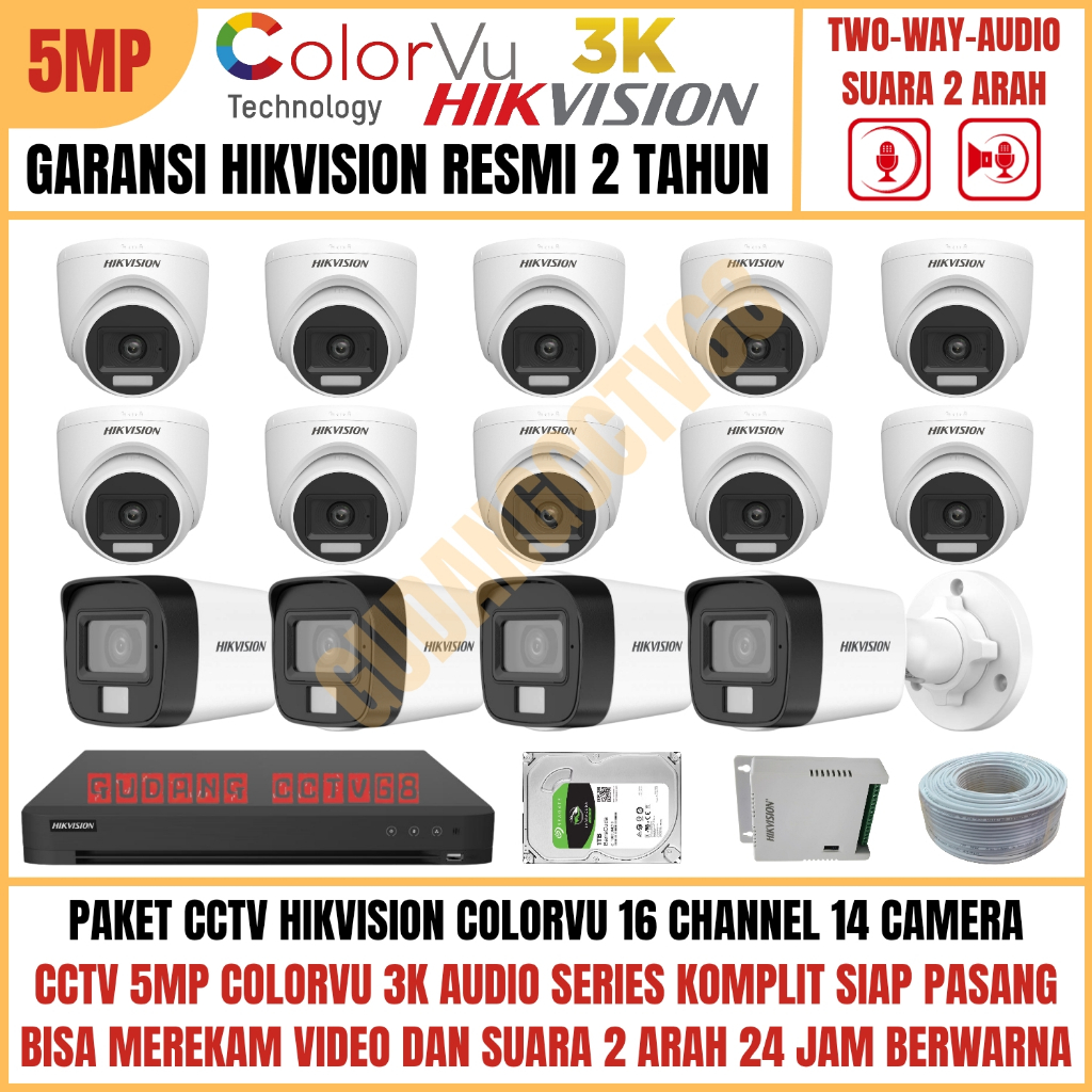 Paket CCTV HIKVISION COLORVU 16 Channel 14 Camera 5MP 3K Full Colour AUDIO TWO WAY Komunikasi 2 ARAH