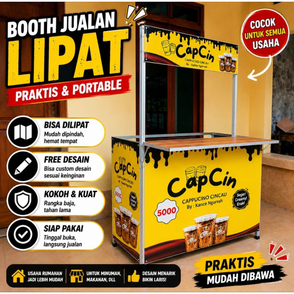 Booth Portable lipat Custom Banner/ meja jualan lipat kekinian/ booth minuman